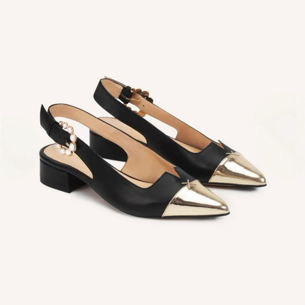 Camilla Elphick Alicia Black & Gold Leather Flats